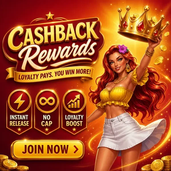 Demo de Tragaperras de Gambloria celebrando recompensas de cashback con corona dorada y monedas de tesoro
