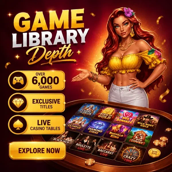 Personaje de petardo gesticulando hacia la tabla de biblioteca de juegos, invitando a los jugadores a registrarse en Profundidad de Biblioteca de Juegos
