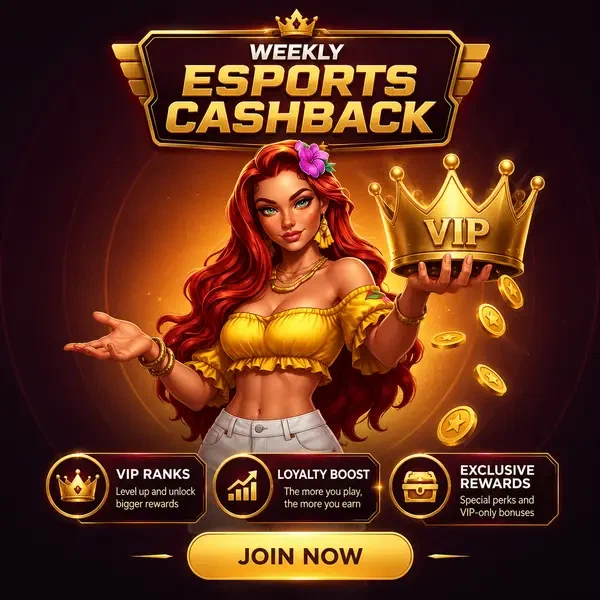 Jugador VIP mostrando corona dorada en Cashback Semanal de Esports Gambloria para recompensas de apuestas esports de élite